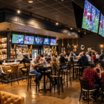 Blind Squirrel sports bar interior with guests watching football