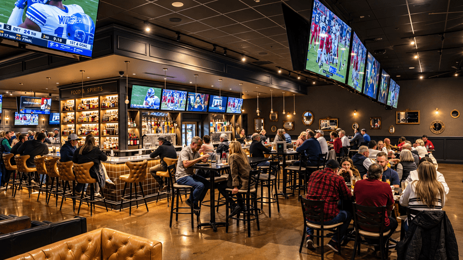 Blind Squirrel sports bar interior with guests watching football