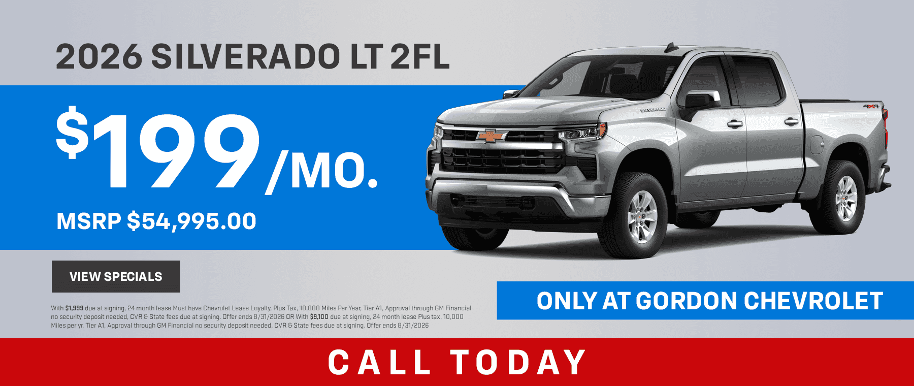 2026 Silverado LT 2FL MSRP $54,995.00. $199 per month
