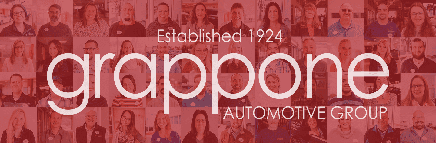 Banner with team members faces and the Grappone Automotive Group logo