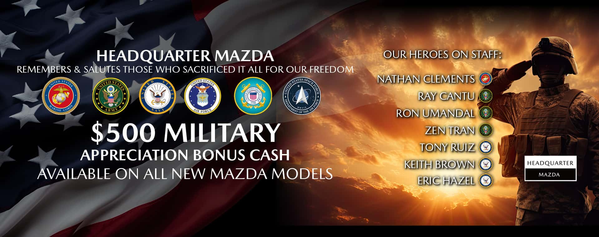 $500 Military Appreciation Bonus Cash Available on All New Mazda Models