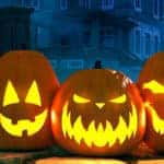Halloween night background with scary house and crows and pumpkin, halloween party concept. 3d rendering