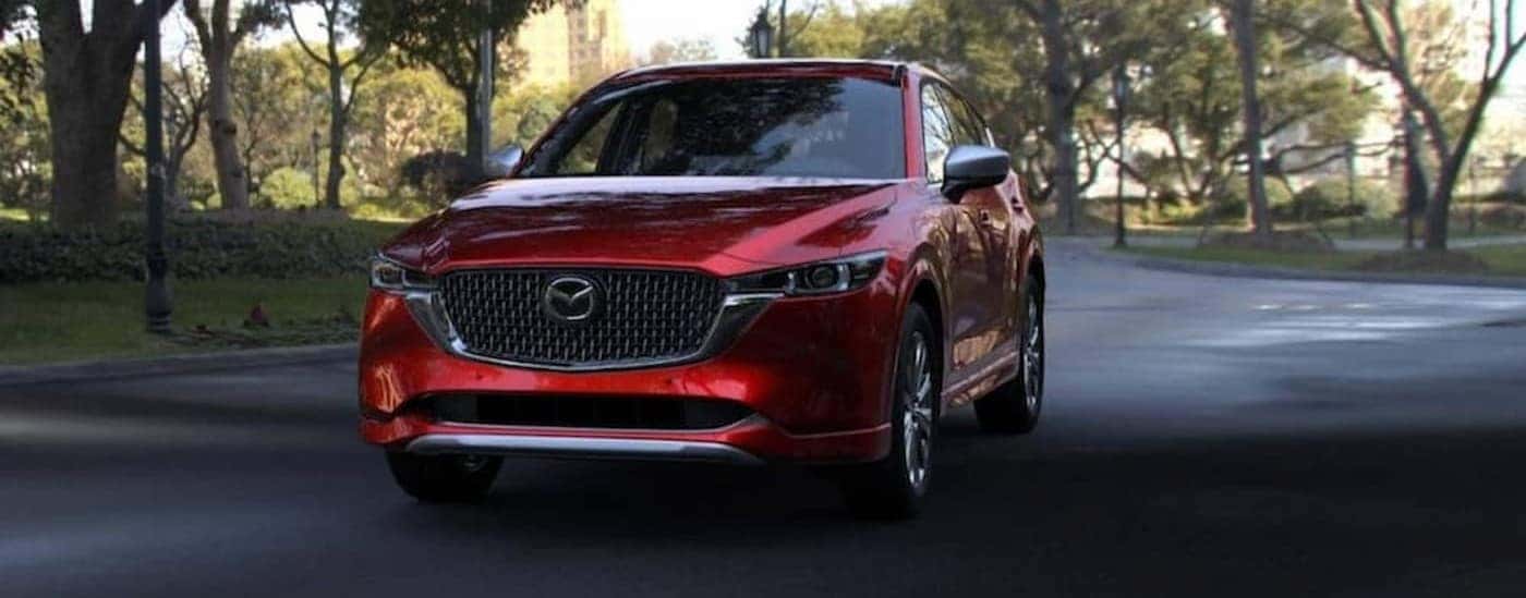 A red 2025 Mazda CX-5 driving in a city park.