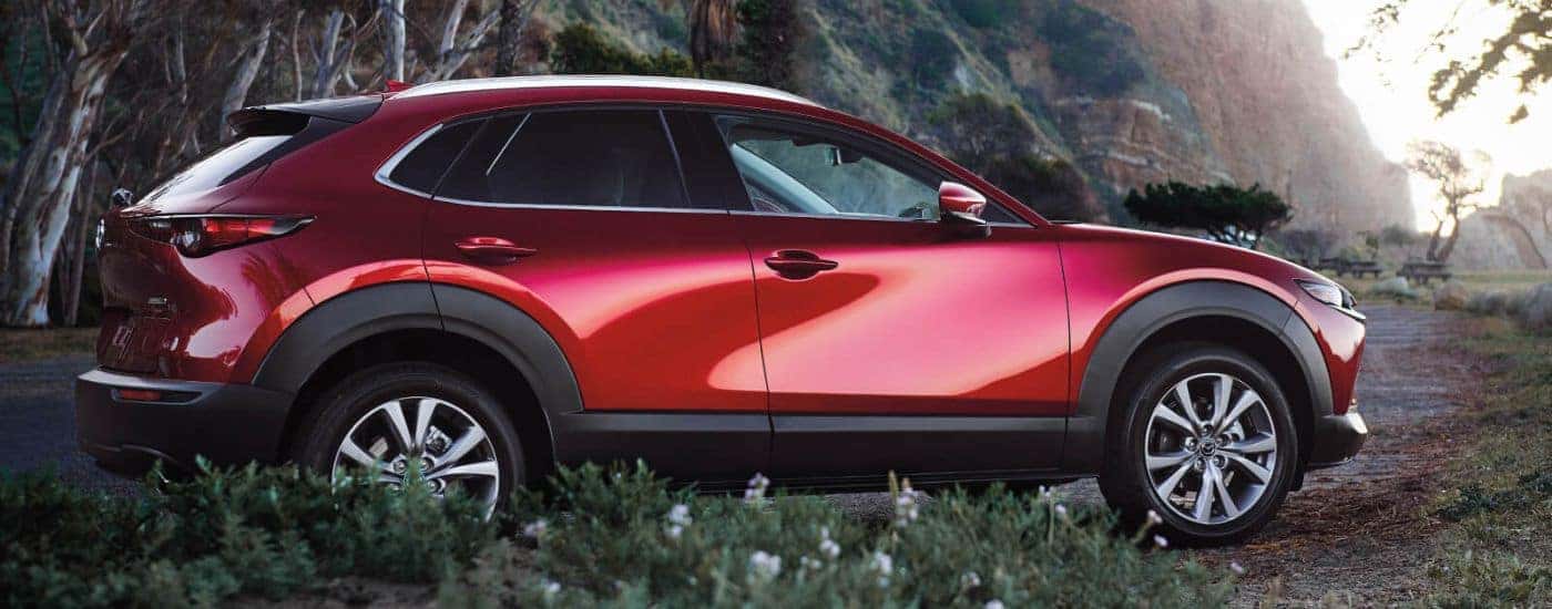 Red 2026 Mazda CX-30 parked in the woods on a trail