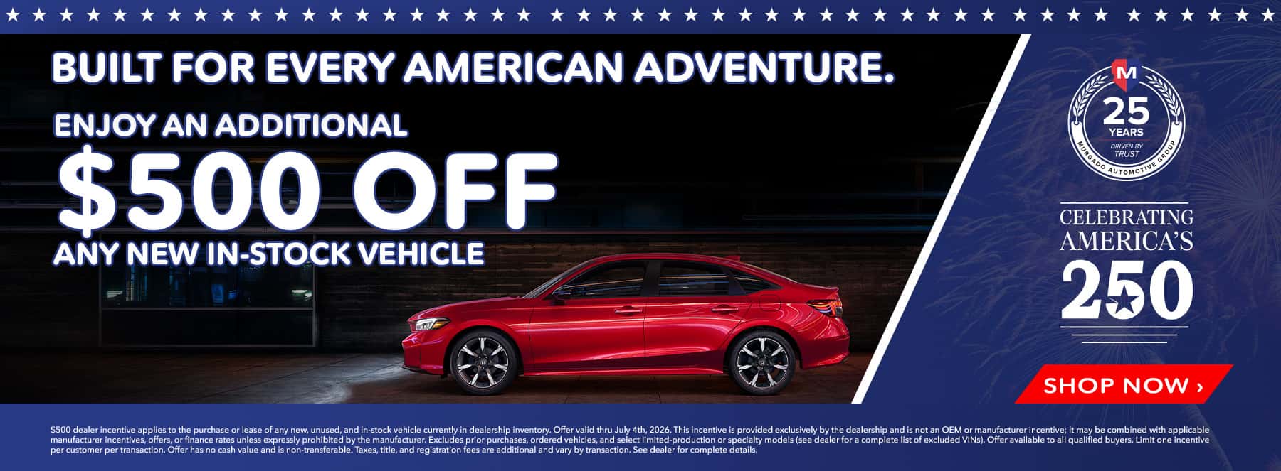 $500 off any in-stock new Honda at Motor Werks Honda