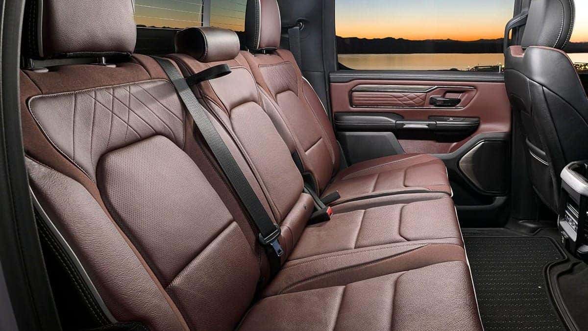 Leather-trimmed rear seating in a 2026 Ram 1500, representing the Laramie cabin