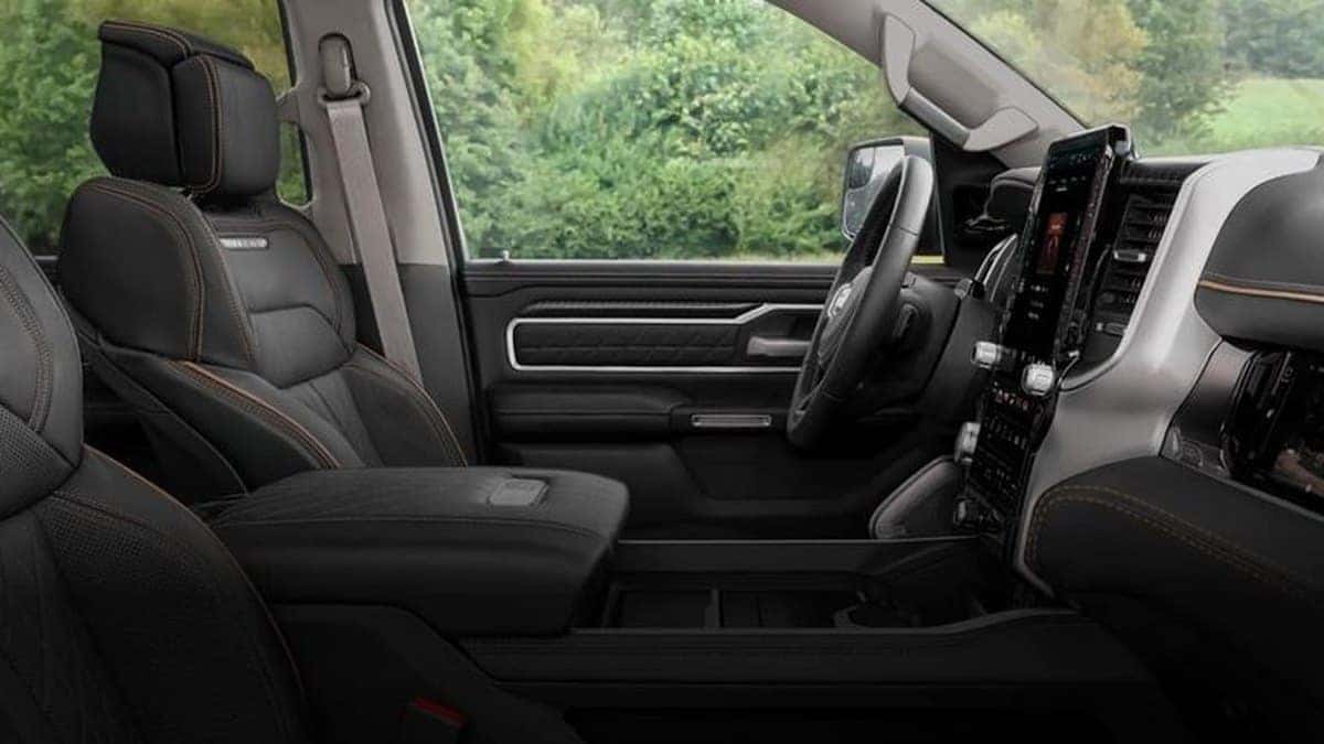 2026 Ram 1500 Tungsten interior with contrast-stitched leather and large displays