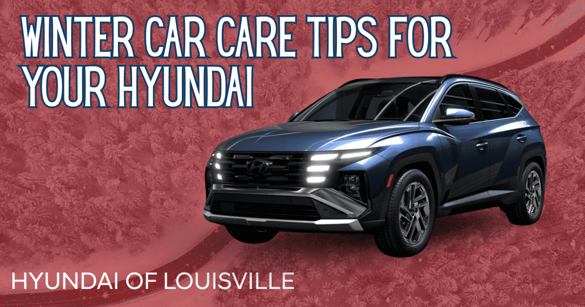 Hyundai driving safely on snowy roads in Louisville, KY with winter tires