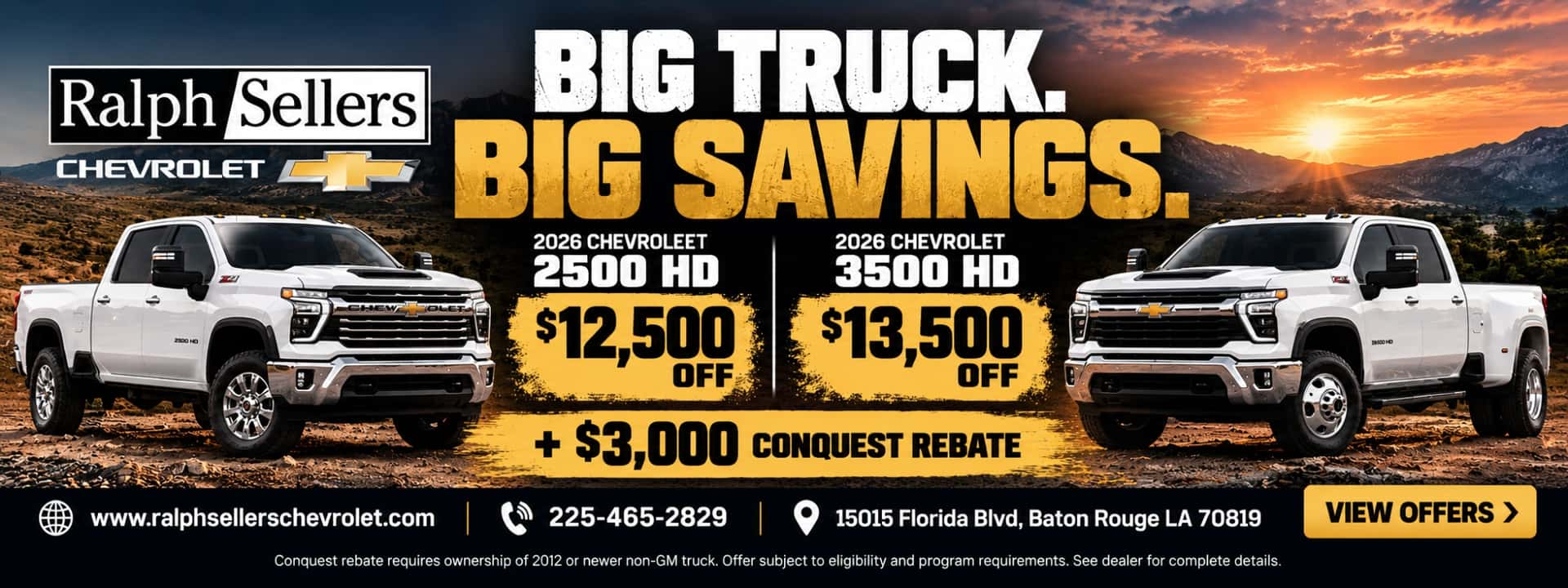 Chevrolet 2500HD and 3500HD heavy-duty trucks featured with offers of $12,500 off 2500HD and $13,500 off 3500HD.