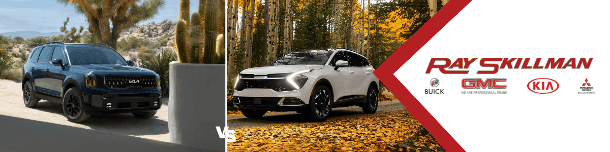 used Kia Telluride vs. Kia Sportage - banner image of the two SUVs