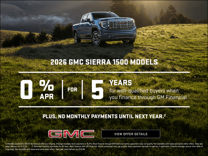 2026 GMC Sierra 1500 models: 0% APR for 5 years for well-qualified buyers through GM Financial, plus no monthly payments until next year, at Ray Skillman Northeast GMC in Indianapolis, IN. Offer Ends 11/02/2026. See dealer for details.