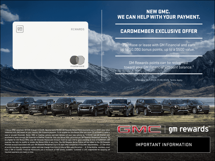 GM Rewards Mastercard cardmember exclusive offer: purchase or lease a new GMC with GM Financial and earn up to 50,000 bonus points, up to a $500 value, at Ray Skillman Northeast GMC in Indianapolis, IN. Offer Ends 11/30/2026. See dealer for details.