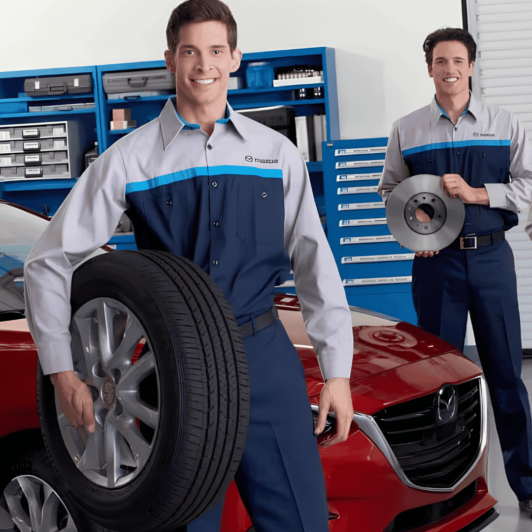 Mazda Service Center Fishers, IN - square image showing two service technicians standing next to a red Mazda