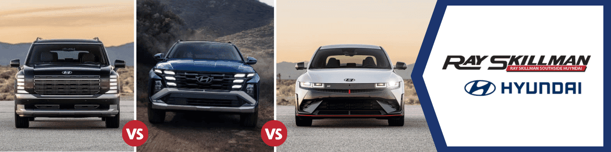 Hyundai Hybrid vs. Gas vs. EVs - banner image showing three Hyundai vehicles