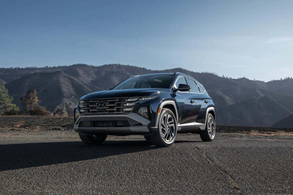 a blue 2025 tucson hybrid parked in front a sprawling mountainscape