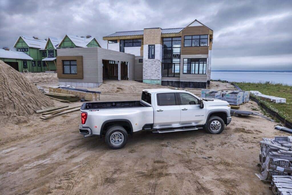 Rear 3/4 view of the 2024 Chevrolet Silverado 3500HD LTZ at construction site
