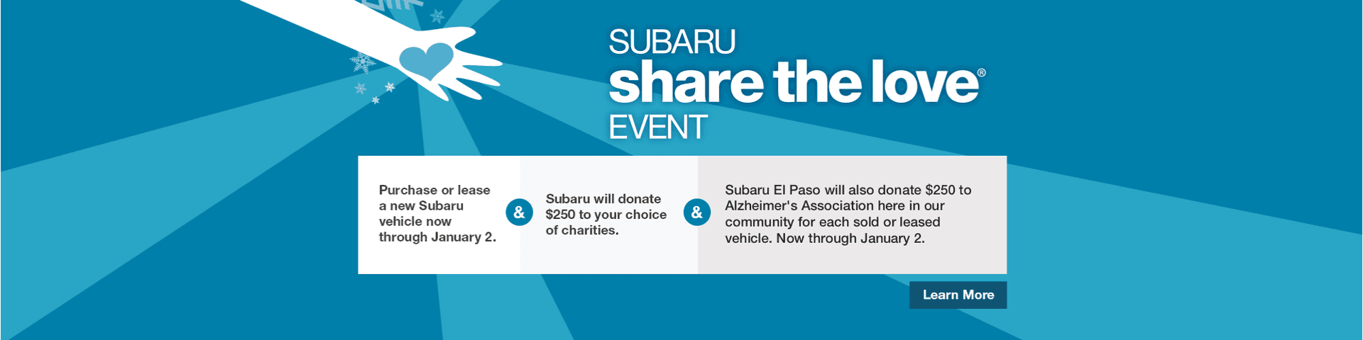 Hand holding blue heart. Subaru Share the Love Event. Learn More button.