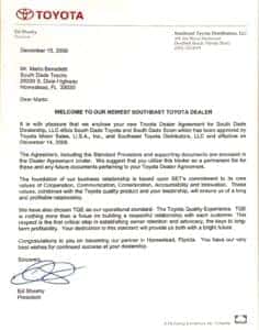 2009 - The letter that made it official — welcoming South Dade Toyota as Southeast Toyota's newest dealer, and the start of the family's new chapter in Florida.