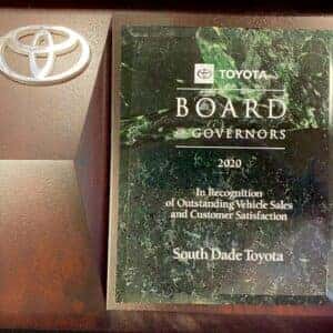 2020 Toyota Board of Governors plaque for South Dade Toyota