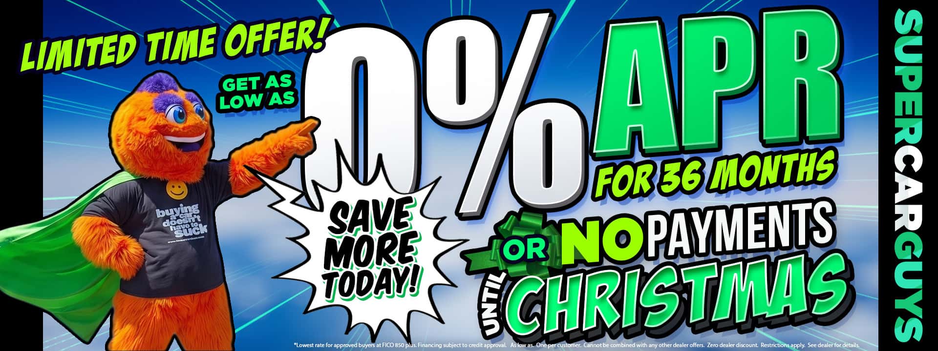 heroic savings - 0% apr for 36 months, no payments until christmas - super car guys used car sale august, wichita ks