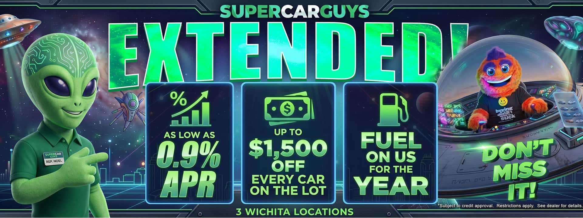 extended - 0.9% apr, $1500 off any car, fuel for a year - used car sale - super car guys - wichita