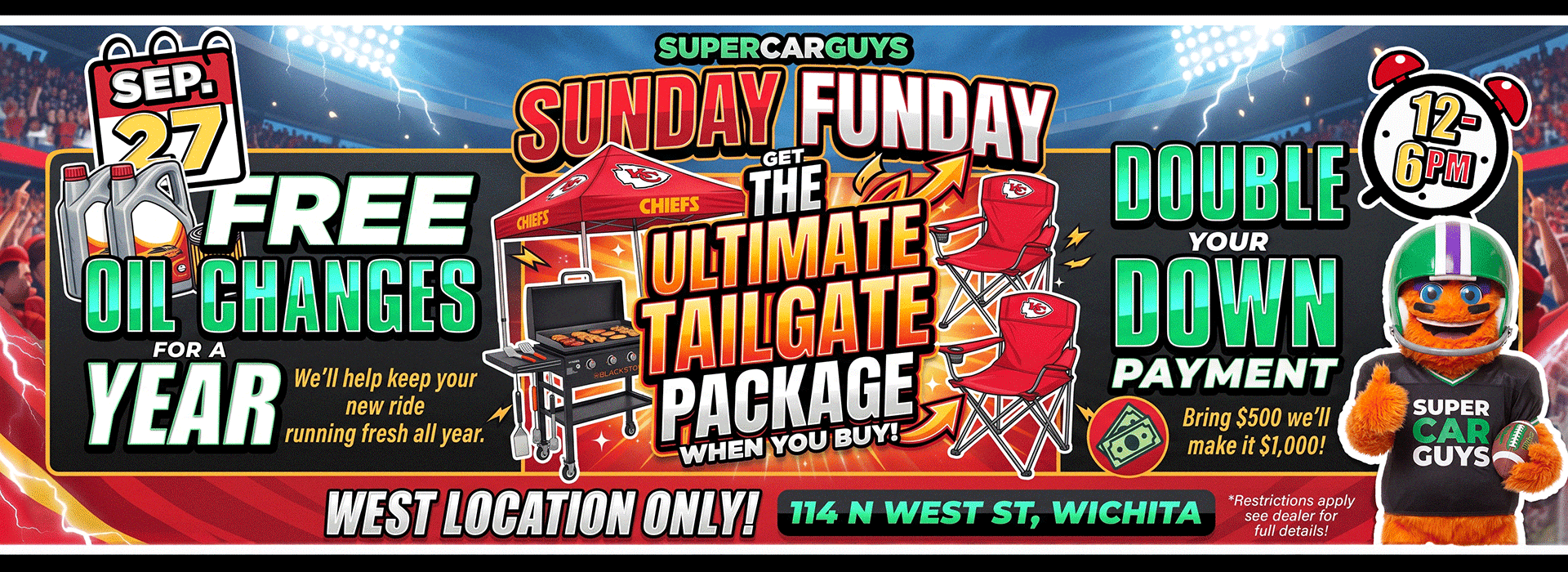 open sunday 9/27 - super car guys - sunday funday - tailgate package with used car purchase